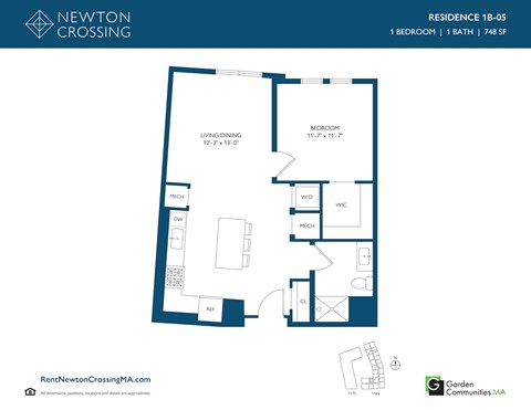 Floor plan for 1 bed, 1 bath, 748 sqft